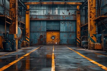 Rusty warehouse door in an industrial setting