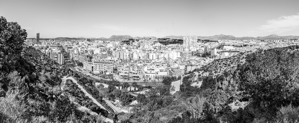 Alicante city skyline; panoramic aerial view of Alicante, Valencia area, Spain in black and white