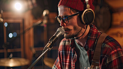 Hipster singer and music producer recording songs in music studio