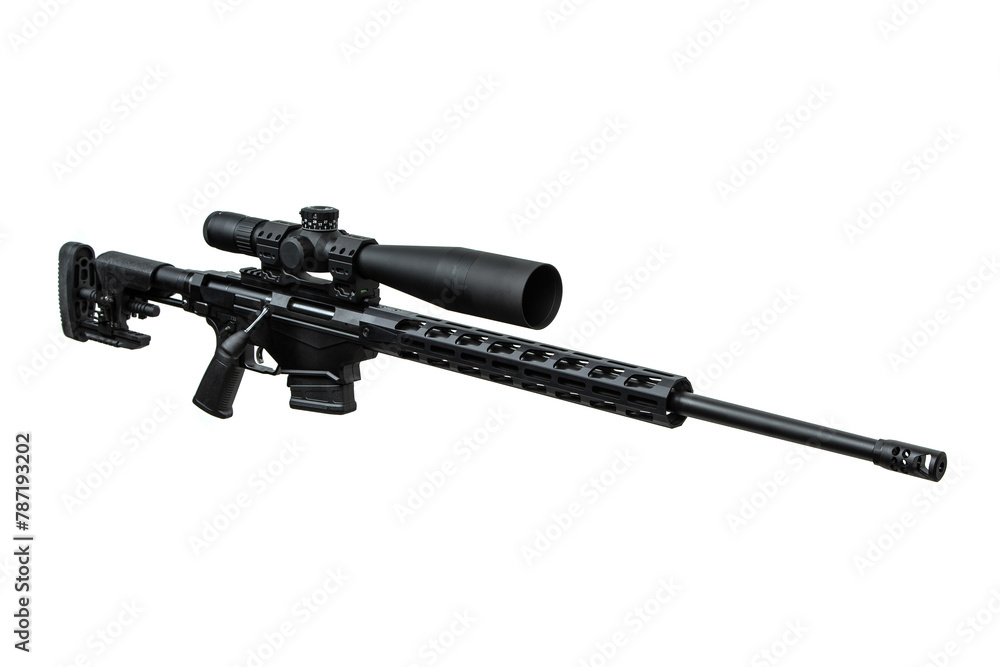 Canvas Prints A modern sniper rifle with an optical sight. Weapons for sports, hunting and self-defense. Bolt carbine isolated on white background.