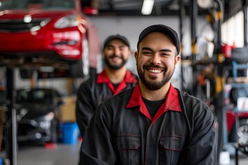Two happy mechanics in uniform standing in a car repair shop smiling and posing for the camera.