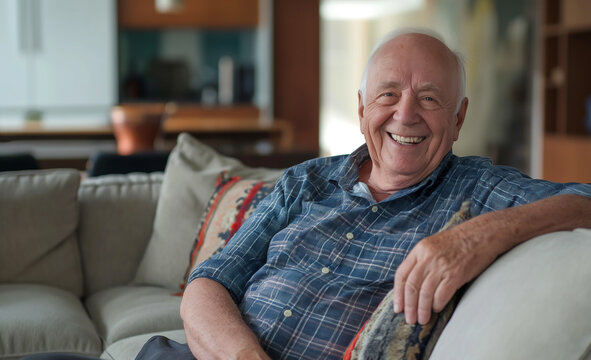 Old senior man or grandpa sits on the couch in the living room and smiles sympathetically into the camera - topic health or old-age provision