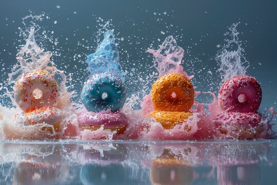 Dynamic image of colorful donuts exploding with a water splash in the background