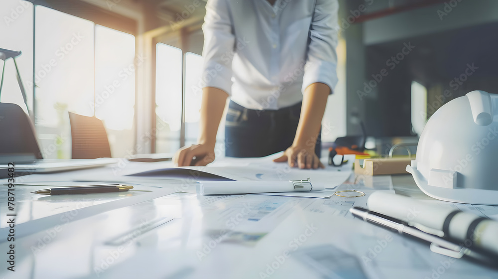 Poster diverse engineer team working at the office table with construction plans and architect equipment an