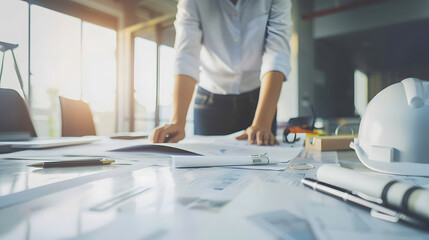 Diverse engineer team working at the office table with construction plans and architect equipment and planning construction project Focus on an asian vietnamese woman team leader holdi : Generative AI