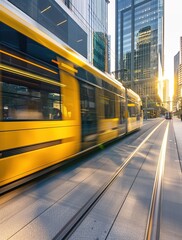 Blurred tram movement on city tracks at dusk - obrazy, fototapety, plakaty