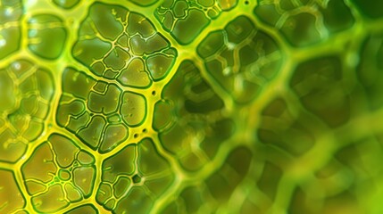 The intricate network of chloroplasts within a single leaf cell responsible for photosynthesis. - obrazy, fototapety, plakaty