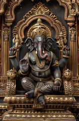 Fototapeta na wymiar Hindu God Ganesha with head of an Elephant sitting on a gold throne in a hindu palace
