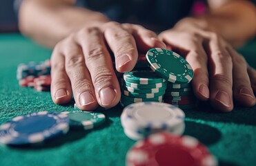 Close-up of hands stacking colorful poker chips on a casino table - obrazy, fototapety, plakaty