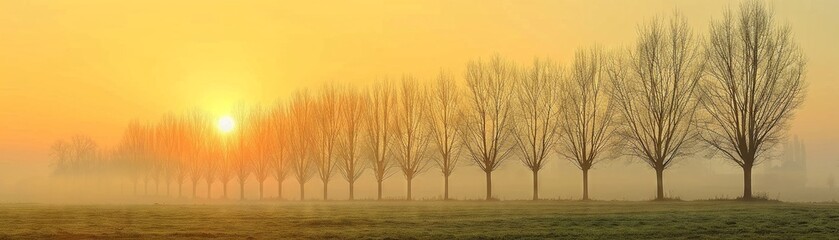 a row of poplar trees without leaves in the early morning along side a field of green grass with the morning dew still 