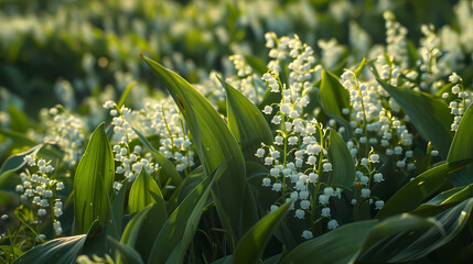 Fototapeta premium Beautiful White flowers Lily of The Valley in green leaves close-up