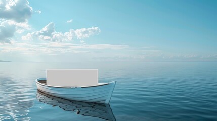 Blank mockup of a minimalist boat sign with simple white lettering on a blue background. .