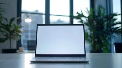 Office workplace Blank laptop screen mockup on the table Modern workplace Minimal style Copy space...