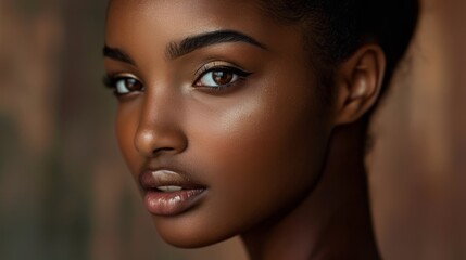 Portrait of a beautiful young African American woman. An elegant beauty photograph featuring a close-up portrait of a model with flawless chocolate skin and striking features.