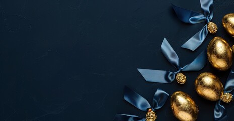 Elegant golden Easter eggs with blue bows on a dark background