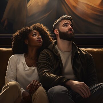 White guy and black girl, A couple, dressed in fashionable attire, sit on a couch in darkness, admiring a painting. The man has a beard and the woman gestures with excitement.