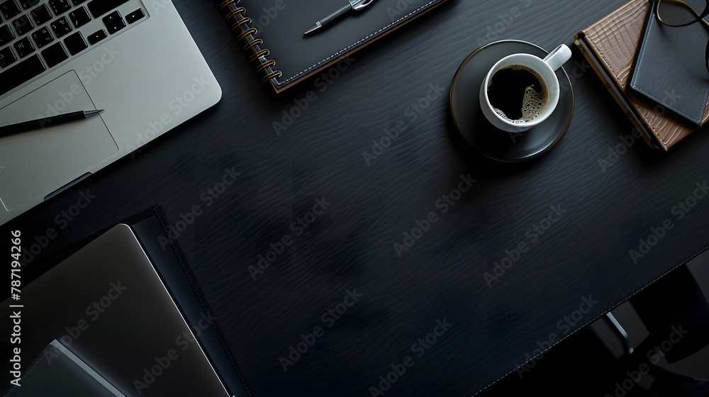Aufkleber Office leather desk table with computer supplies and coffee cup Top view with copy space : Generative AI