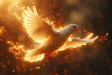 A captivating image showcasing a dove with fiery wings soaring amidst a mystical, sparkling background - obrazy, fototapety, plakaty