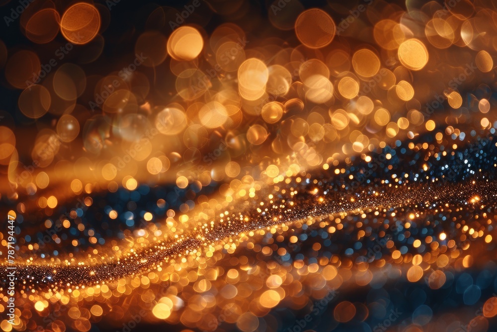 Poster an alluring abstract image with a stream of golden and blue bokeh lights that conveys motion and vib