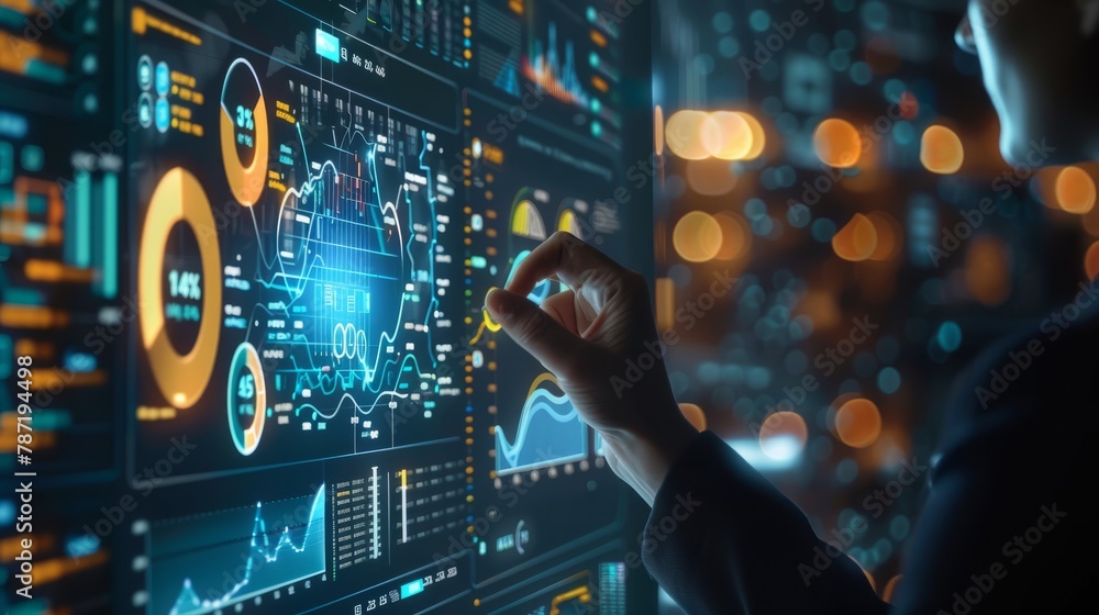 Poster person presenting and evaluating data chart - illustration created with generative ai hyper realisti