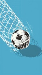 a soccer ball in the goal net, simple design, vector illustration, flat colors, isolated on blue background 