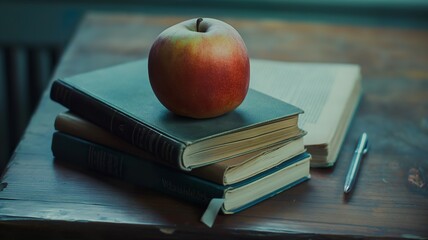 high quality shot of an apple and four books and a pen. The apple on the book pile up