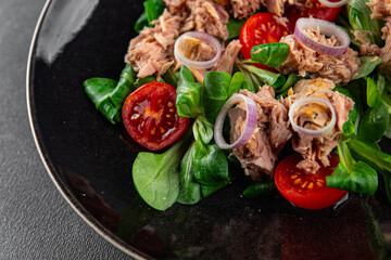 seafood salad tuna, tomato, green leaf lettuce, onion eating cooking appetizer meal food snack on the table copy space food background rustic top viewfood
