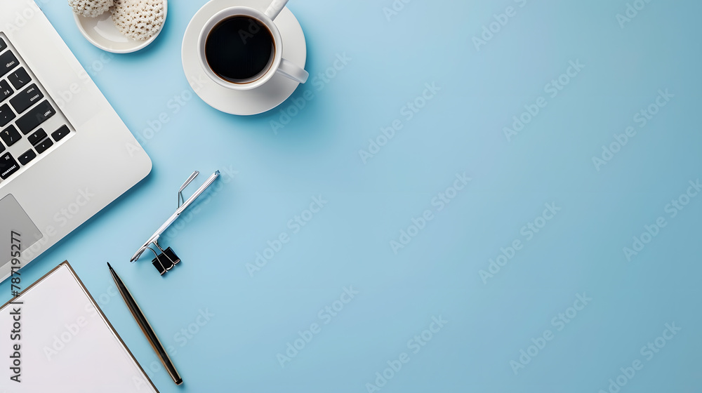 Aufkleber minimal work space creative flat lay photo of workspace desk top view office desk with laptop notebo