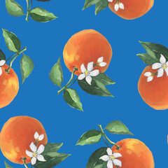 Oranges Pattern illustration with watercolor on blue