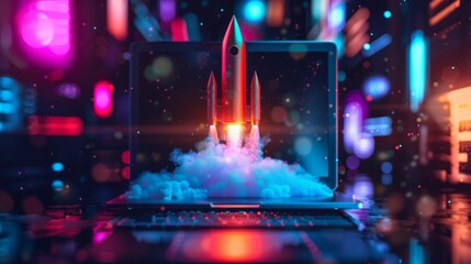 Rocket illustration popping out of laptop screen, startup concept, background with neon lights. Generative AI hyper realistic 