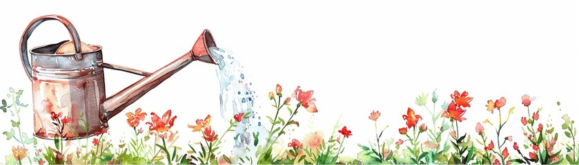 watercolor illustration garden watering can water pours out of it, white background - obrazy, fototapety, plakaty