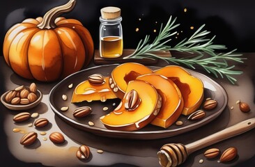 Baked pumpkin with honey and nuts in plate on dark background - 787195636