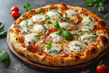 Neapolitan pizza with spices, tomatoes and cheese mozzarella on dark background. Italian cuisine...