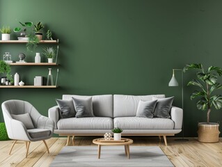 Scandinavian interior design of modern living room, home. Grey sofa and lounge chair against green wall with shelving unit. 