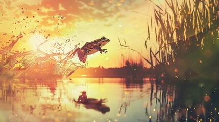 watercolor painting of a cute frog jumping out of a pond at sunset time - obrazy, fototapety, plakaty