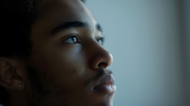 Young biracial man looks thoughtfully to the side with copy space his expression suggests contemplation or anticipation in a neutral setting : Generative AI