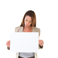 Naklejka premium Woman, poster and advertising with mockup for marketing, product placement and branding on studio background. Banner, blank or billboard sign by female person for display, announcement or design