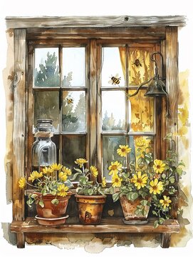 watercolor window with flowers and bees, cottagecore, paper texture, yellow colors, clipart, isolated on white background