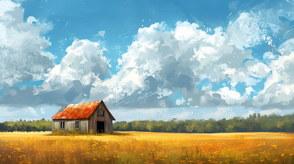 paint-like illustration of wooden house on summer rural meadow, generative Ai