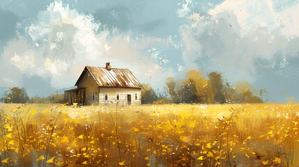 paint-like illustration of wooden house on summer rural meadow, generative Ai - obrazy, fototapety, plakaty