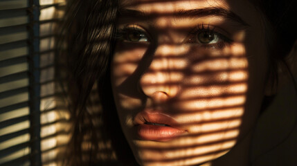 The sunlight filters in through the slatted blinds of a dimly lit room casting shadows across the face of a woman with strikingly bold features. Her expression is one of quiet contemplation . - obrazy, fototapety, plakaty