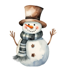 Watercolor snowman with top hat and striped scarf isolated on white background.