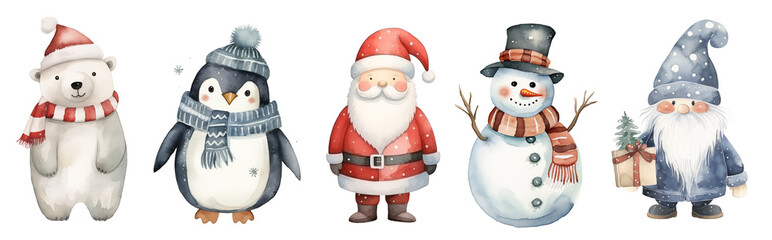 Set of watercolor Christmas characters: polar bear, penguin, Santa Claus, snowman and scandinavian gnome isolated on white background.