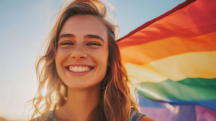 Portrait of a Smiling Caucasian Woman with Rainbow Flag Celebrating Pride. Summer, Friends, Joyful Crowd. Diversity, Equality, Inclusion. Modern City, Urban Community, Empowerment. Fun, Positive Vibes