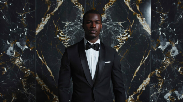 Against a backdrop of sleek black marble and glittering gold accents a regal black man stands tall in a sharp tuxedo embodying the opulence and sophistication of Art Deco. His confident .