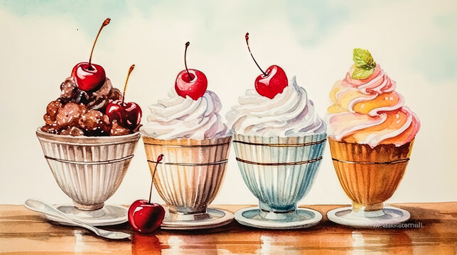 A painting of four different types of ice cream in four different colored bowls