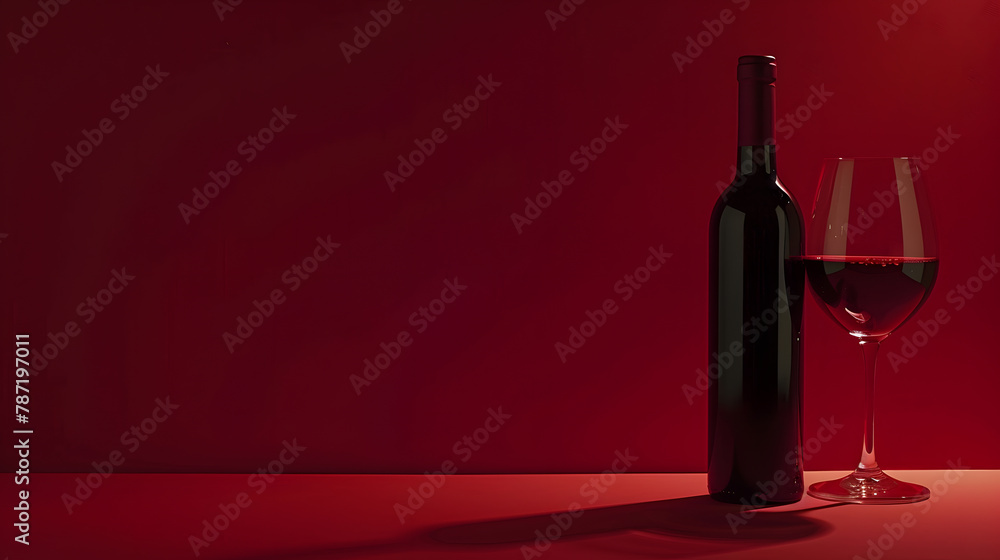 Poster bottle and glass of red wine on a red background copy space : generative ai