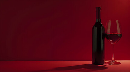 Bottle and glass of red wine on a red background Copy space : Generative AI