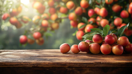 Copy space of wood branch with green leaves and Mango fruit tree, Empty table, Podium and product stand for Mango tropical fruit product and Juice concept.