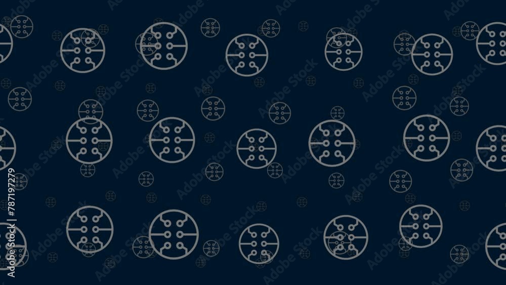 Poster microcircuit symbols float horizontally from left to right. parallax fly effect. floating symbols ar